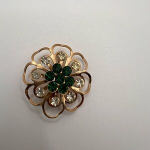 Vintage Elegant Gold and Green Glass Gemstone Floral Brooch holiday retro